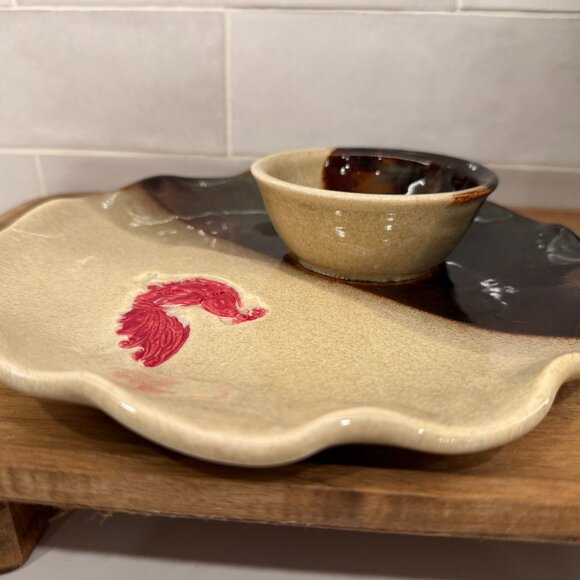 Old Julian Connie Black Red Rooster Chip and Dip Pottery Plate - Picture 6 of 7